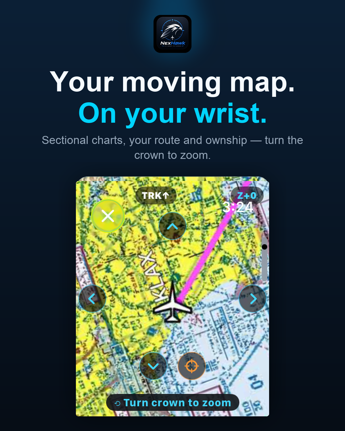 NexHawk sectional moving map with route and ownship on Apple Watch